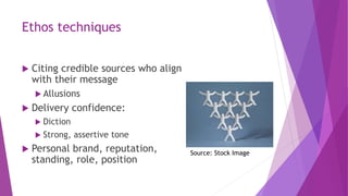 Ethos techniques
 Citing credible sources who align
with their message
 Allusions
 Delivery confidence:
 Diction
 Strong, assertive tone
 Personal brand, reputation,
standing, role, position
Source: Stock Image
 