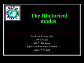 The Rhetorical modes   Academic Writing Unit  EW 3 classes Ms. A. Rodriguez High School for World Cultures Bronx, New York 
