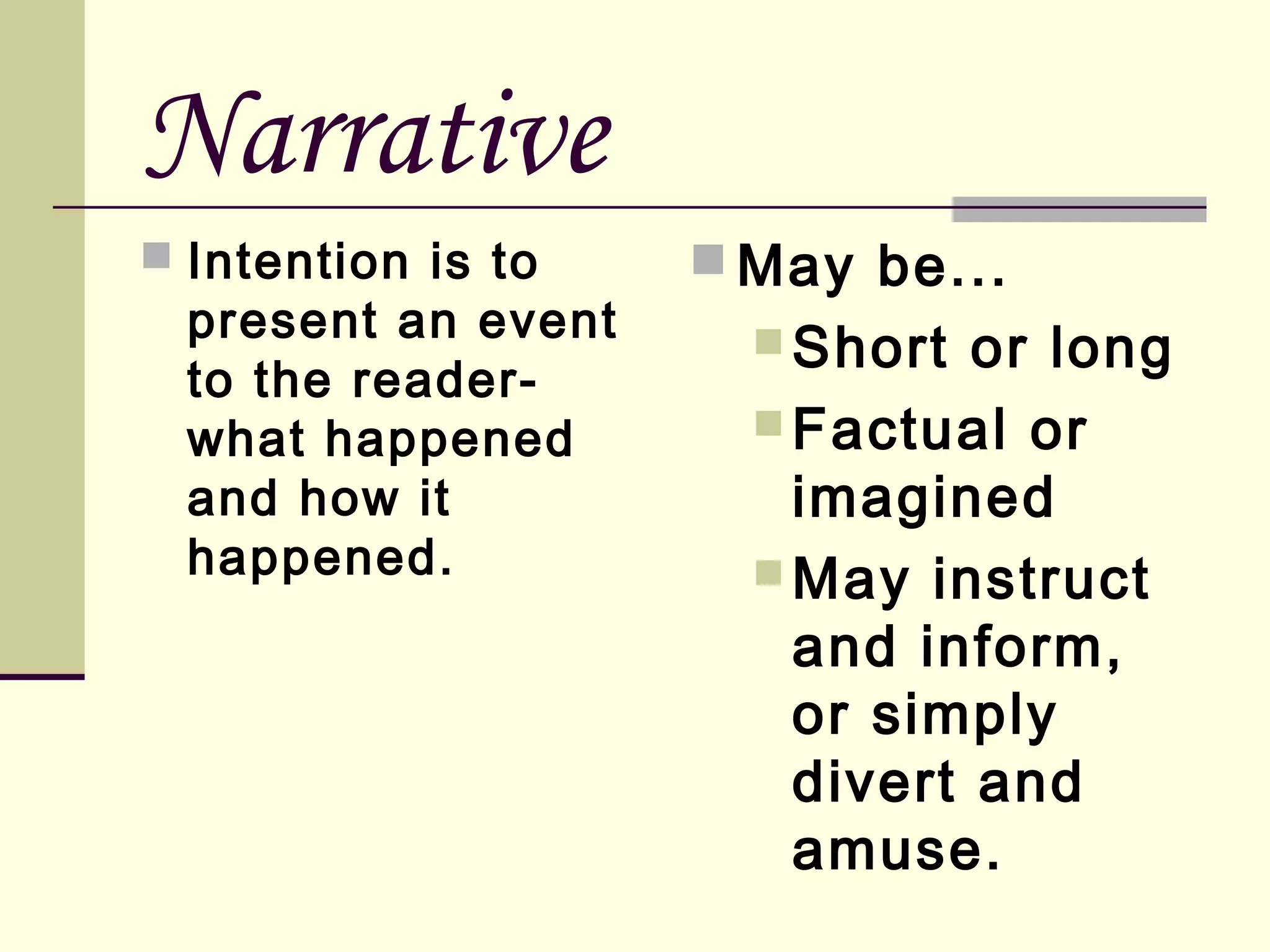 Narrative
 Intention is to

present an event
to the readerwhat happened
and how it
happened.

 May be...
 Short

or long
 Factual or
imagined
 May instruct
and inform,
or simply
divert and
amuse.

 