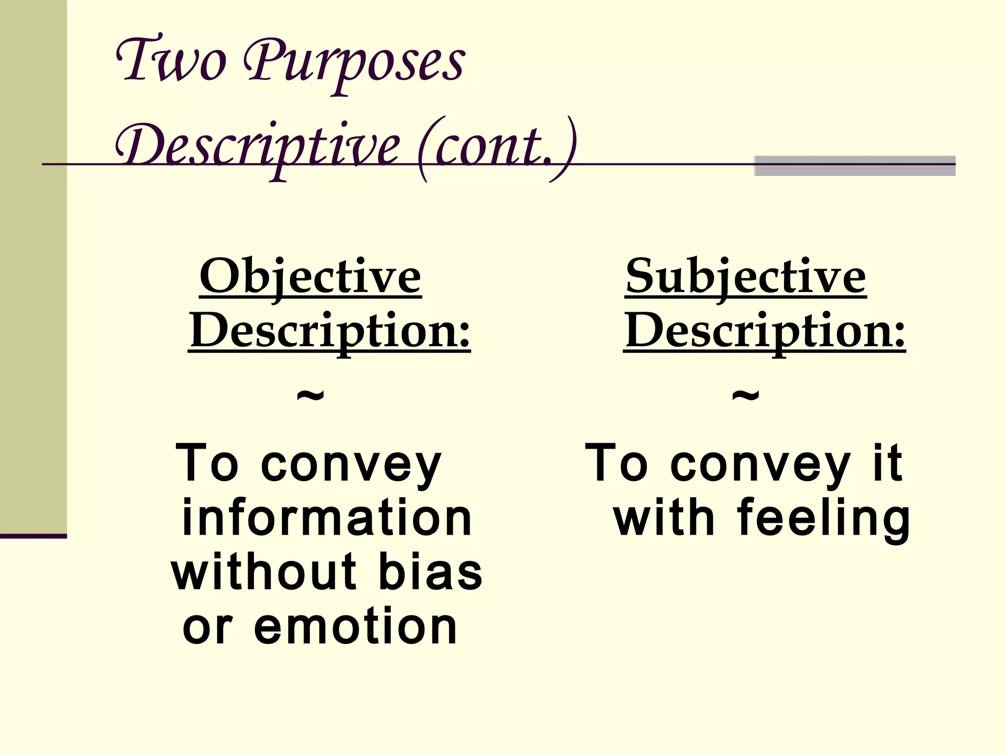 Two Purposes
Descriptive (cont.)
Objective
Description:
~
To convey
information
without bias
or emotion

Subjective
Description:
~
To convey it
with feeling

 