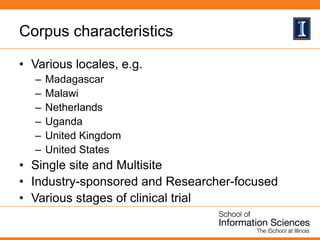 Corpus characteristics
• Various locales, e.g.
– Madagascar
– Malawi
– Netherlands
– Uganda
– United Kingdom
– United Stat...