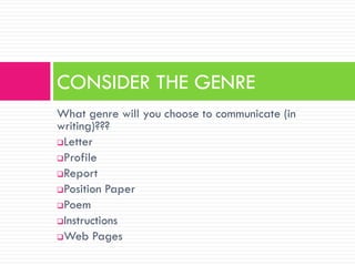 CONSIDER THE GENRE
What genre will you choose to communicate (in
writing)???
Letter

Profile

Report

Position Paper

Poem

Instructions

Web Pages
 