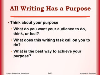 3 of 3 Chapter 1: PurposePart 1: Rhetorical Situations
All Writing Has a Purpose
• Think about your purpose
• What do you want your audience to do,
think, or feel?
• What does this writing task call on you to
do?
• What is the best way to achieve your
purpose?
 