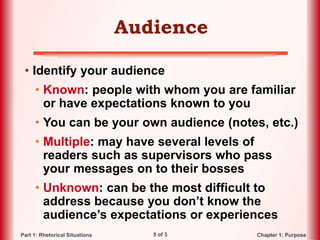5 of 3 Chapter 1: PurposePart 1: Rhetorical Situations
Audience
• Identify your audience
• Known: people with whom you are familiar
or have expectations known to you
• You can be your own audience (notes, etc.)
• Multiple: may have several levels of
readers such as supervisors who pass
your messages on to their bosses
• Unknown: can be the most difficult to
address because you don’t know the
audience’s expectations or experiences
 