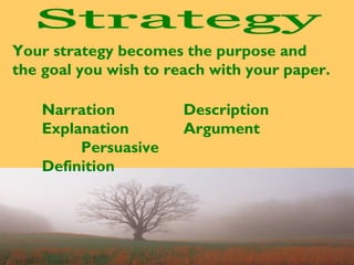 Your strategy becomes the purpose and
the goal you wish to reach with your paper.
Narration
Explanation
Persuasive
Definition

Description
Argument

 