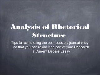 Analysis of Rhetorical
Structure
Tips for completing the best possible journal entry
so that you can reuse it as part of your Research
a Current Debate Essay
 