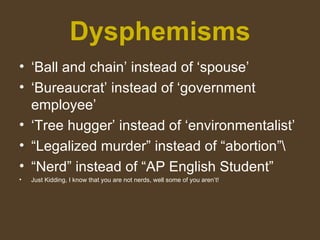 Dysphemisms
• ‘Ball and chain’ instead of ‘spouse’
• ‘Bureaucrat’ instead of ‘government
employee’
• ‘Tree hugger’ instead of ‘environmentalist’
• “Legalized murder” instead of “abortion”
• “Nerd” instead of “AP English Student”
• Just Kidding, I know that you are not nerds, well some of you aren’t!
 