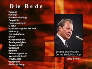 Die Rede Abgang Anfang  Blickverbindung Empathie Formulierungen  Gestik  Handhabung der Technik Kleidung Körperhaltung  Mimik Pausentechnik Schlagfertigkeit Souveränität Substanz  Stimme  Stimmungsfaktor Verständlichkeit Wortschatz  Zeitgefühl Zielerreichung Willy Brandt 