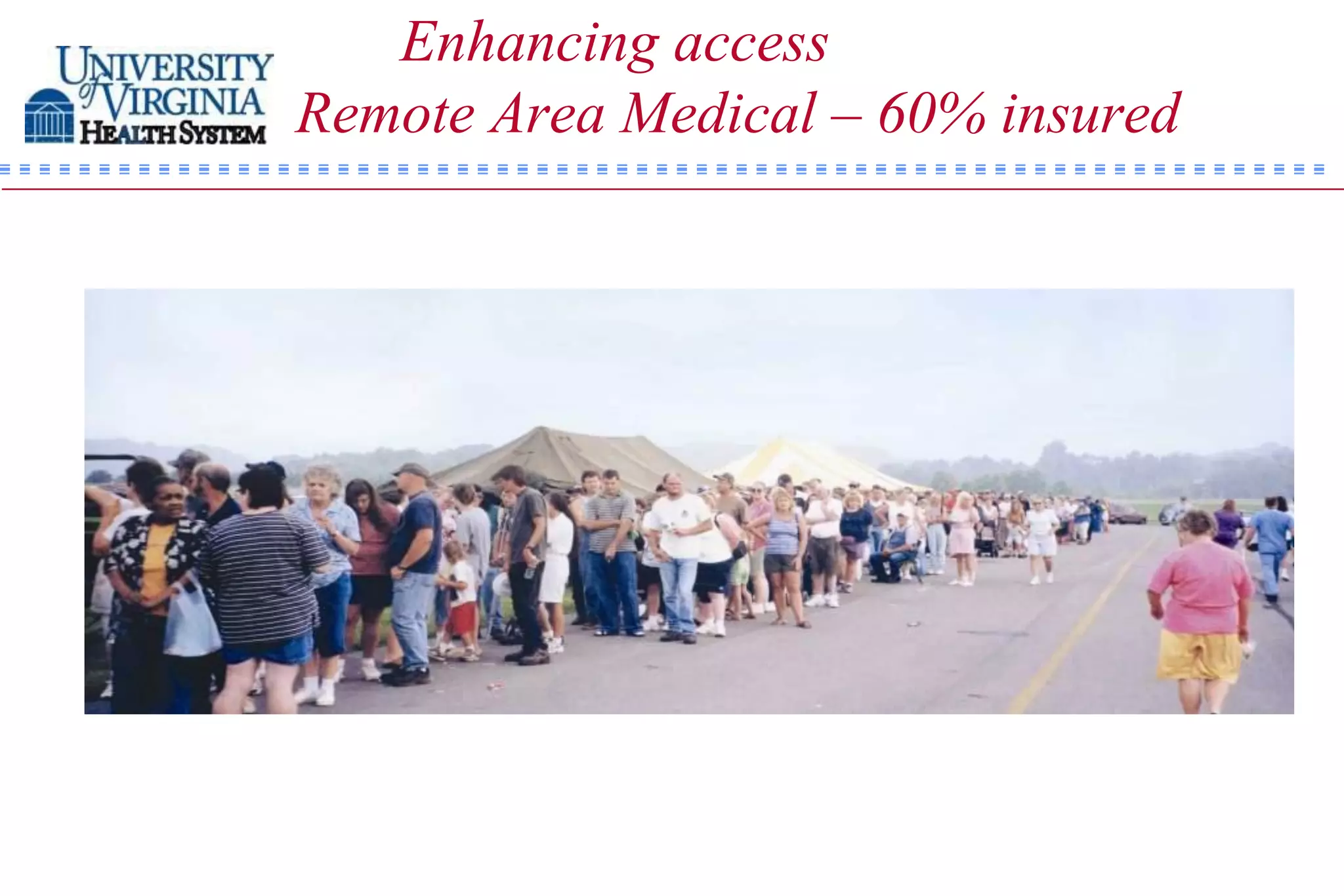 Enhancing access
Remote Area Medical – 60% insured
 