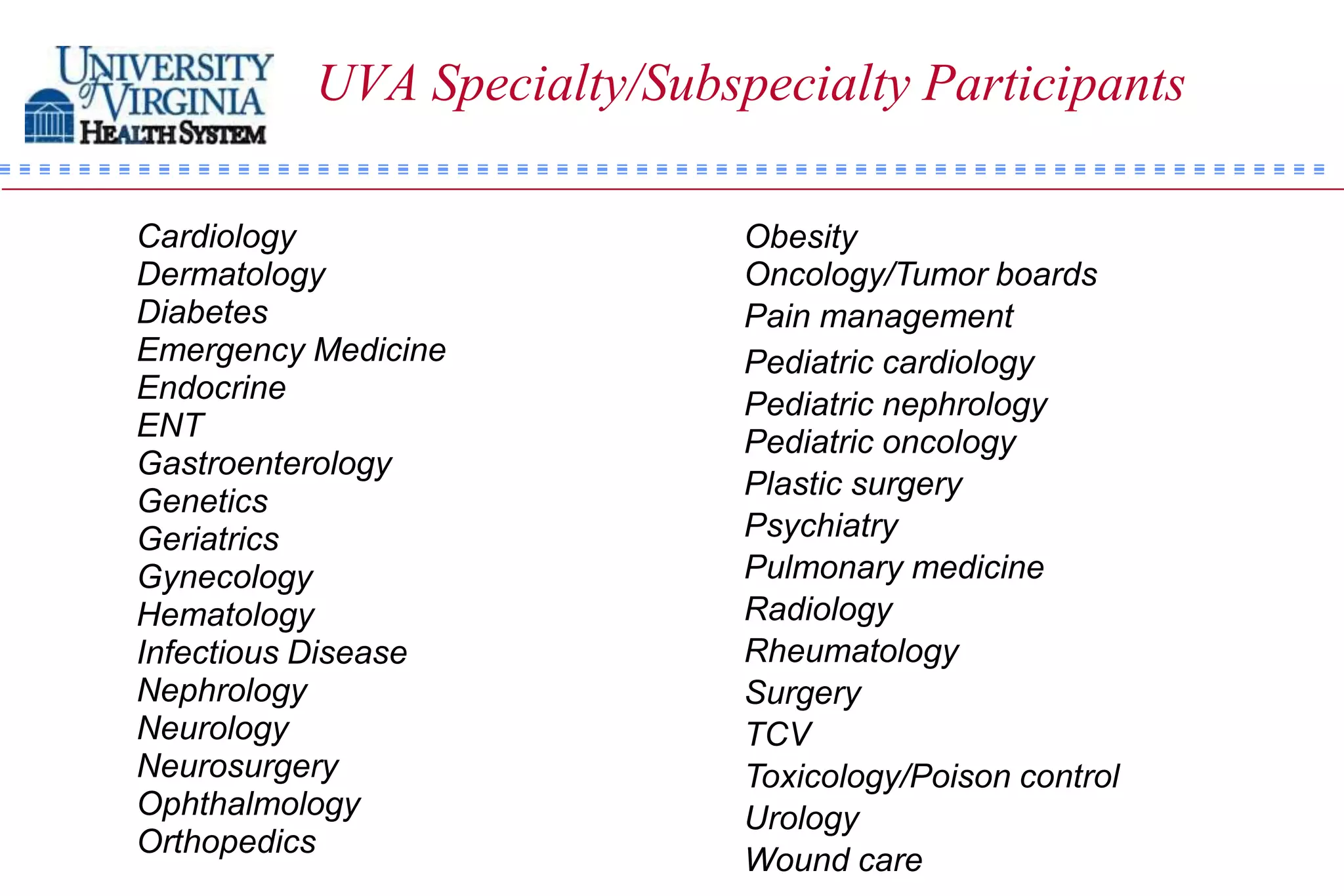 UVA Specialty/Subspecialty Participants

Cardiology                   Obesity
Dermatology                  Oncology/Tumor boards
Diabetes                     Pain management
Emergency Medicine           Pediatric cardiology
Endocrine                    Pediatric nephrology
ENT                          Pediatric oncology
Gastroenterology
                             Plastic surgery
Genetics
Geriatrics                   Psychiatry
Gynecology                   Pulmonary medicine
Hematology                   Radiology
Infectious Disease           Rheumatology
Nephrology                   Surgery
Neurology                    TCV
Neurosurgery                 Toxicology/Poison control
Ophthalmology                Urology
Orthopedics
                             Wound care
 