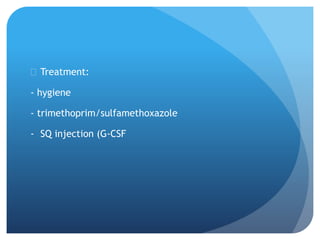  Treatment:
- hygiene
- trimethoprim/sulfamethoxazole
- SQ injection (G-CSF
 