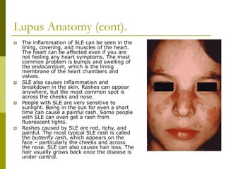 Lupus Anatomy (cont).
 The inflammation of SLE can be seen in the
lining, covering, and muscles of the heart.
The heart can be affected even if you are
not feeling any heart symptoms. The most
common problem is bumps and swelling of
the endocardium, which is the lining
membrane of the heart chambers and
valves.
 SLE also causes inflammation and
breakdown in the skin. Rashes can appear
anywhere, but the most common spot is
across the cheeks and nose.
 People with SLE are very sensitive to
sunlight. Being in the sun for even a short
time can cause a painful rash. Some people
with SLE can even get a rash from
fluorescent lights.
 Rashes caused by SLE are red, itchy, and
painful. The most typical SLE rash is called
the butterfly rash, which appears on the
face – particularly the cheeks and across
the nose. SLE can also causes hair loss. The
hair usually grows back once the disease is
under control.
 