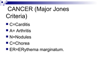 CANCER (Major Jones
Criteria)
 C=Carditis
 A= Arthritis
 N=Nodules
 C=Chorea
 ER=ERythema marginatum.
 