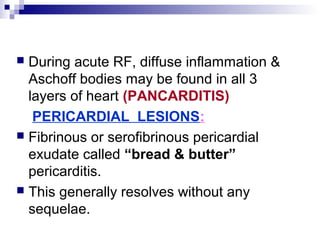  During acute RF, diffuse inflammation &
Aschoff bodies may be found in all 3
layers of heart (PANCARDITIS)
PERICARDIAL LESIONS:
 Fibrinous or serofibrinous pericardial
exudate called “bread & butter”
pericarditis.
 This generally resolves without any
sequelae.
 