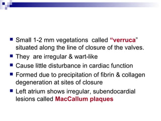  Small 1-2 mm vegetations called “verruca”
situated along the line of closure of the valves.
 They are irregular & wart-like
 Cause little disturbance in cardiac function
 Formed due to precipitation of fibrin & collagen
degeneration at sites of closure
 Left atrium shows irregular, subendocardial
lesions called MacCallum plaques
 