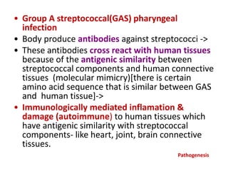 • Group A streptococcal(GAS) pharyngeal
infection
• Body produce antibodies against streptococci ->
• These antibodies cross react with human tissues
because of the antigenic similarity between
streptococcal components and human connective
tissues (molecular mimicry)[there is certain
amino acid sequence that is similar between GAS
and human tissue]->
• Immunologically mediated inflamation &
damage (autoimmune) to human tissues which
have antigenic similarity with streptococcal
components- like heart, joint, brain connective
tissues.
Pathogenesis
 