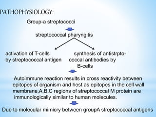 PATHOPHYSIOLOGY:
Group-a streptococci
streptococcal pharyngitis
activation of T-cells synthesis of antistrpto-
by streptococcal antigen coccal antibodies by
B-cells
Autoimmune reaction results in cross reactivity between
epitopes of organism and host as epitopes in the cell wall
membrane,A,B,C regions of streptococcal M protein are
immunologically similar to human molecules.
Due to molecular mimicry between groupA streptococcal antigens
 