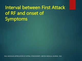 Interval between First Attack
of RF and onset of
Symptoms
PAUL WOOD,AN APPRECIATION OF MITRAL STENOSISPART I. BRITISH MEDICAL JOURNAL 1954
 