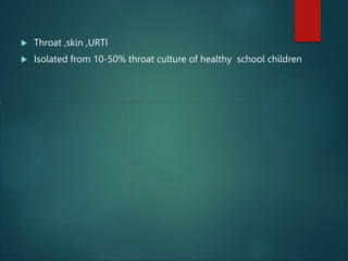  Throat ,skin ,URTI
 Isolated from 10-50% throat culture of healthy school children
 