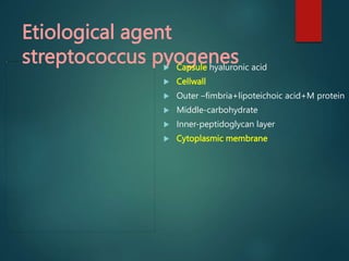 Etiological agent
streptococcus pyogenes
 Capsule hyaluronic acid
 Cellwall
 Outer –fimbria+lipoteichoic acid+M protein
 Middle-carbohydrate
 Inner-peptidoglycan layer
 Cytoplasmic membrane
 