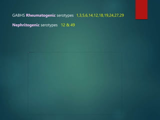 GABHS Rheumatogenic serotypes 1,3,5,6,14,12,18,19,24,27,29
Nephritogenic serotypes 12 & 49
 