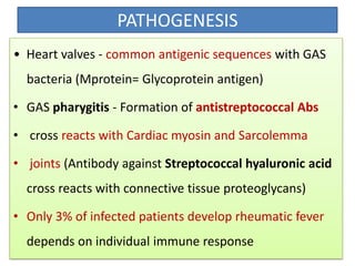 PATHOGENESIS
• Heart valves - common antigenic sequences with GAS
bacteria (Mprotein= Glycoprotein antigen)
• GAS pharygitis - Formation of antistreptococcal Abs
• cross reacts with Cardiac myosin and Sarcolemma
• joints (Antibody against Streptococcal hyaluronic acid
cross reacts with connective tissue proteoglycans)
• Only 3% of infected patients develop rheumatic fever

depends on individual immune response

 