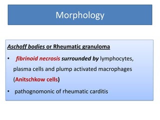 Morphology
Aschoff bodies or Rheumatic granuloma
•

fibrinoid necrosis surrounded by lymphocytes,

plasma cells and plump activated macrophages
(Anitschkow cells)
• pathognomonic of rheumatic carditis

 