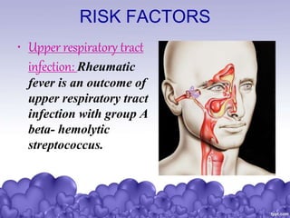 RISK FACTORS
• Upper respiratory tract
infection: Rheumatic
fever is an outcome of
upper respiratory tract
infection with group A
beta- hemolytic
streptococcus.
 