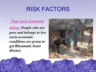 RISK FACTORS
• Poor socio-economic
status: People who are
poor and belongs to low
socio-economic
conditions are prone to
get Rheumatic heart
disease.
 