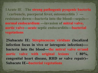 1Acute IE :The strong pathogenic pyogenic bacteria
（carbuncle, puerperal fever, osteomyelitis ）---
resistance down---bacteria into the blood---sepsis---
normal endocardium ---invasion of mitral valve,
aortic valve---acute septic endocarditis---bacterial
vegetations
2Subacute IE: Streptococcus viridans (localized
infection focus in vivo or iatrogenic infection)----
bacteria into the blood---the mitral valve or/and
aortic valve with original lesions （ 80%,
congenital heart disease, RHD or valve repair)--
Subacute IE--bacterial vegetations
 