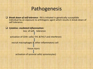 Pathogenesis
 Break down of self tolerance : RA is initiated in genetically susceptible
individual by an exposure to arthitogenc agent which results in break down of
self tolerance.
 Cytokine- mediated inflammation:
loss of self tolerance
activation of CD4+ cells( TH1 &TH17 and interferon)
recruit macrophages & other inflammatory cell
tissue injury
activation of synovial cells( synoviocytes)
 