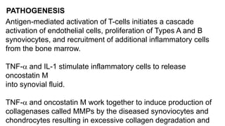 PATHOGENESIS
Antigen-mediated activation of T-cells initiates a cascade
activation of endothelial cells, proliferation of Types A and B
synoviocytes, and recruitment of additional inflammatory cells
from the bone marrow.
TNF- and IL-1 stimulate inflammatory cells to release
oncostatin M
into synovial fluid.
TNF- and oncostatin M work together to induce production of
collagenases called MMPs by the diseased synoviocytes and
chondrocytes resulting in excessive collagen degradation and
 