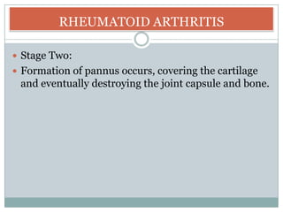 The synovitis  or inflammation, results in the warmth, redness, swelling, and pain that are typical symptoms of RA.<br />R...