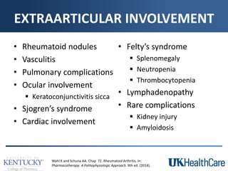 EXTRAARTICULAR INVOLVEMENT
• Rheumatoid nodules
• Vasculitis
• Pulmonary complications
• Ocular involvement
 Keratoconjunctivitis sicca
• Sjogren’s syndrome
• Cardiac involvement
• Felty’s syndrome
 Splenomegaly
 Neutropenia
 Thrombocytopenia
• Lymphadenopathy
• Rare complications
 Kidney injury
 Amyloidosis
Wahl K and Schuna AA. Chap 72. Rheumatoid Arthritis. In:
Pharmacotherapy: A Pathophysiologic Approach. 9th ed. (2014).
 