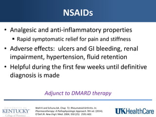 NSAIDs
• Analgesic and anti-inflammatory properties
 Rapid symptomatic relief for pain and stiffness
• Adverse effects: ulcers and GI bleeding, renal
impairment, hypertension, fluid retention
• Helpful during the first few weeks until definitive
diagnosis is made
Adjunct to DMARD therapy
Wahl K and Schuna AA. Chap 72. Rheumatoid Arthritis. In:
Pharmacotherapy: A Pathophysiologic Approach. 9th ed. (2014).
O’Dell JR. New Engl J Med. 2004; 350 (25): 2591-602.
 