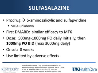 SULFASALAZINE
• Prodrug  5-aminosalicylic and sulfapyridine
 MOA unknown
• First DMARD: similar efficacy to MTX
• Dose: 500mg-1000mg PO daily initially, then
1000mg PO BID (max 3000mg daily)
• Onset: 8 weeks
• Use limited by adverse effects
Wahl K and Schuna AA. Chap 72. Rheumatoid Arthritis. In:
Pharmacotherapy: A Pathophysiologic Approach. 9th ed. (2014).
O’Dell JR. New Engl J Med. 2004; 350 (25): 2591-60.
LexiComp Online. online.lexi.com. Accessed April 12, 2015.
 