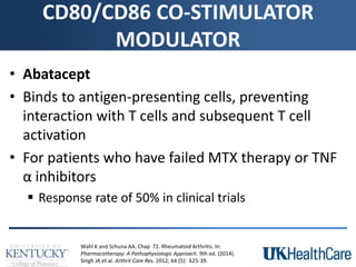 CD80/CD86 CO-STIMULATOR
MODULATOR
• Abatacept
• Binds to antigen-presenting cells, preventing
interaction with T cells and subsequent T cell
activation
• For patients who have failed MTX therapy or TNF
α inhibitors
 Response rate of 50% in clinical trials
Wahl K and Schuna AA. Chap 72. Rheumatoid Arthritis. In:
Pharmacotherapy: A Pathophysiologic Approach. 9th ed. (2014).
Singh JA et al. Arthrit Care Res. 2012; 64 (5): 625-39.
 