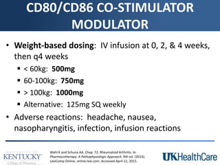 CD80/CD86 CO-STIMULATOR
MODULATOR
• Weight-based dosing: IV infusion at 0, 2, & 4 weeks,
then q4 weeks
 < 60kg: 500mg
 60-100kg: 750mg
 > 100kg: 1000mg
 Alternative: 125mg SQ weekly
• Adverse reactions: headache, nausea,
nasopharyngitis, infection, infusion reactions
Wahl K and Schuna AA. Chap 72. Rheumatoid Arthritis. In:
Pharmacotherapy: A Pathophysiologic Approach. 9th ed. (2014).
LexiComp Online. online.lexi.com. Accessed April 12, 2015.
 