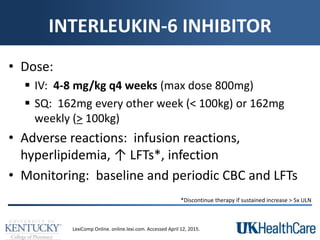 INTERLEUKIN-6 INHIBITOR
• Dose:
 IV: 4-8 mg/kg q4 weeks (max dose 800mg)
 SQ: 162mg every other week (< 100kg) or 162mg
weekly (> 100kg)
• Adverse reactions: infusion reactions,
hyperlipidemia, ↑ LFTs*, infection
• Monitoring: baseline and periodic CBC and LFTs
LexiComp Online. online.lexi.com. Accessed April 12, 2015.
*Discontinue therapy if sustained increase > 5x ULN
 