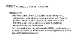 WRIST –caput ulna syndrome
Pathoanatomy
• Synovitis in the DRUJ > ECU subsheath stretching > ECU
subluxation > supination of the carpal bones away from the
head of the ulna > volar subluxation of the carpus away
from the ulna > increased pressure over the extensor
compartments > tendon rupture
Early synovectomy of the radiocarpal and DRUJ can be done as
an open procedure or, when extensor tendon synovitis is absent,
as an arthroscopic procedure
 