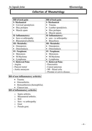 In Capsule SeriesIn Capsule SeriesIn Capsule SeriesIn Capsule Series RheumatologyRheumatologyRheumatologyRheumatology
- 4 -
Collection of Rheumatology
DD of neck pain DD of back pain
I- Mechanical
• Cervical spondylosis
• Disc prolapse
• Muscle spam
I- Mechanical
• Trauma.
• Lumbar spondylosis.
• Disc prolapse
• Muscle spasm.
II- Inflammatory:
• Sero-ve arthropathy
• Rheumatoid arthritis
II- Inflammatory:
• sero –ve arthropathy.
• Brucellosis
III- Metabolic:
• Osteoporsis
• Osteomalacia
III- Metabolic:
• Osteoporsis
• Osteomalacia
IV- Neoplasm:
• Metostesis
• M.Myeloma
• Lymphoma
IV- Neoplasm:
• Metostesis
• M.Myeloma
• Lymphoma
V- Referred Pain:
- Angina
- Pancost tumor
- Aortic aneurysm
V- Referred Pain:
- Pancreatitis
- Cancer pancreas
- MI – Renal colic
- Prostate or cervix disease.
DD of non infilammatory arthritis:
• Trauma.
• Osteoarthritis.
• Hemoartherosis (hemophilia).
• Charcot tear.
DD of inflammatory arthritis:
o Septic arthritis.
o Rheumatoid arthritis.
o SLE
o Sero –ve arthropathy
o Gout
o Pseudo gout.
 