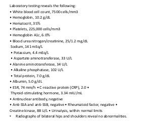 Laboratory testing reveals the following:
• White blood cell count, 7500 cells/mm3
• Hemoglobin, 10.2 g/dL
• Hematocrit, 35%
• Platelets, 225,000 cells/mm3
• Hemoglobin A1c, 6.0%
• Blood urea nitrogen/creatinine, 25/1.2 mg/dL
Sodium, 141 mEq/L
• Potassium, 4.4 mEq/L
• Aspartate aminotransferase, 33 U/L
• Alanine aminotransferase, 34 U/L
• Alkaline phosphatase, 102 U/L
• Total protein, 7.0 g/dL
• Albumin, 5.0 g/dL
• ESR, 74 mm/h • C-reactive protein (CRP), 2.0 •
Thyroid-stimulating hormone, 3.34 mIU/mL
• Antinuclear antibody, negative
• Anti-SSA and anti-SSB, negative • Rheumatoid factor, negative •
Creatine kinase, 88 U/L • Urinalysis, within normal limits
• Radiographs of bilateral hips and shoulders reveal no abnormalities.
 