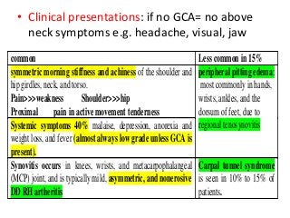 • Clinical presentations: if no GCA= no above
neck symptoms e.g. headache, visual, jaw
common Less common in 15%
symmetric morning stiffness and achiness of the shoulder and
hip girdles, neck, and torso.
Pain>>>weakness Shoulder>>>hip
Proximal pain in active movement tenderness
peripheral pitting edema:
most commonlyin hands,
wrists, ankles, and the
dorsum of feet, dueto
regional tenosynovitisSystemic symptoms 40% malaise, depression, anorexia and
weight loss, and fever (almost always low gradeunless GCA is
present).
Synovitis occurs in knees, wrists, and metacarpophalangeal
(MCP) joint, and is typicallymild, asymmetric, and nonerosive
DDRH artheritis
Carpal tunnel syndrome
is seen in 10% to 15% of
patients.
 