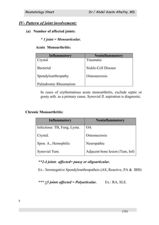 Reumatology Sheet Dr./ Abdel Azeim Alhefny, MD.
(16)
IV- Pattern of joint involvement:
(a) Number of affected joints:
* 1 joint = Monoarticular.
Acute Monoarthritis:
Inflammatory Noninflammatory
Crystal
Bacterial
Spondyloarthropathy
Palindromic Rheumatism
Traumatic
Sickle-Cell Disease
Osteonecrosis
In cases of erythematious acute monoarthritis, exclude septic or
gouty arth. as a primary cause. Synovial fl. aspiration is diagnostic.
Chronic Monoarthritis:
Inflammatory Noninflammatory
Infectious: TB, Fung, Lyme.
Crystal.
Spon. A., Hemophilic
Synovial Tum.
OA
Osteonecrosis
Neuropathic
Adjacent bone lesion (Tum, Inf)
**2-4 joints affected= pausy or oligoarticular.
Ex.: Seronegative Spondyloarthropatheis (AS, Reactive, PA & IBD)
*** >5 joints affected = Polyarticular. Ex.: RA, SLE.
.
 