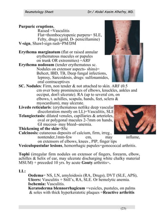Reumatology Sheet Dr./ Abdel Azeim Alhefny, MD.
(23)
Purpuric eruptions,
Raised =Vasculitis
Flat=thombocytopenic purpera= SLE,
Felty, drugs (gold, D- penicillamine)
V-sign, Shawl-sign rash=PM/DM
Erythema marginatum (flat or raised annular
erythematous macules or papules
on trunk OR extremities) =ARF
Erythema nodosum (tender erythematous sc.
Nodules on extensor aspects- shins)=
Behcet, IBD, TB, Deep fungal infections,
leprosy, Sarcoidosis, drugs: sulfonamides,
oral contraceptives
SC. Nodules: Firm, non tender & not attached to skin. ARF (0.5
cm over bony prominences of elbows, knuckles, ankles and
occiput, don't ulcerate). RA (up to several cm, on
elbows, t. achilles, scapula, hands, feet, sclera &
myocardium), may ulcerate.
Livedo reticularis: (erythematous netlike deep vascular
discoloration mostly on LL)=Vasculitis, SLE
Telangiectasis: dilated venules, capillaries & arterioles, matte-
oval or polygonal macules 2-7mm on hands, face, lips, oral
GI mucosa- may bleed--anemia.
Thickening of the skin=SSc
Calcinosis: cutaneous deposits of calcium, firm, irreg.,
nontender,1mm-few cm, may inflame,
on extensors of elbows, knees , PIP, finger tips
Vesiculopustular lesions, hemorrhagic papules=gonococcal arthritis.
Tophi (irregular firm nodules on extensor of fingers, forearm, elbow,
achilles & helix of ear, may ulcerate discharging white chalky material
MSUM) + preceded 10 yrs. by acute Gouty arthritis=.
LL:
Oedema= NS, LN, amyloidosis (RA, Drugs), DVT (SLE, APS),
Ulcers: Vasculitis + Still’s, RA, SLE. Or hemolytic anemia.
Ischemia: Vasculitis.
Keratoderma blennorrhagicum =vesicles, pustules, on palms
& soles with thick hyperkeratotic plaques =Reactive arthritis
 