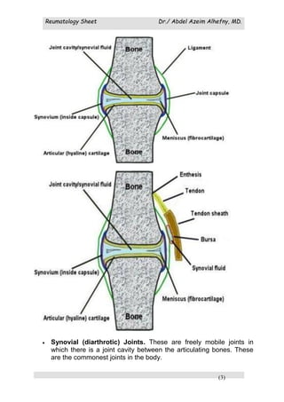 Reumatology Sheet Dr./ Abdel Azeim Alhefny, MD.
(3)
 Synovial (diarthrotic) Joints. These are freely mobile joints in
which there is a joint cavity between the articulating bones. These
are the commonest joints in the body.
 
