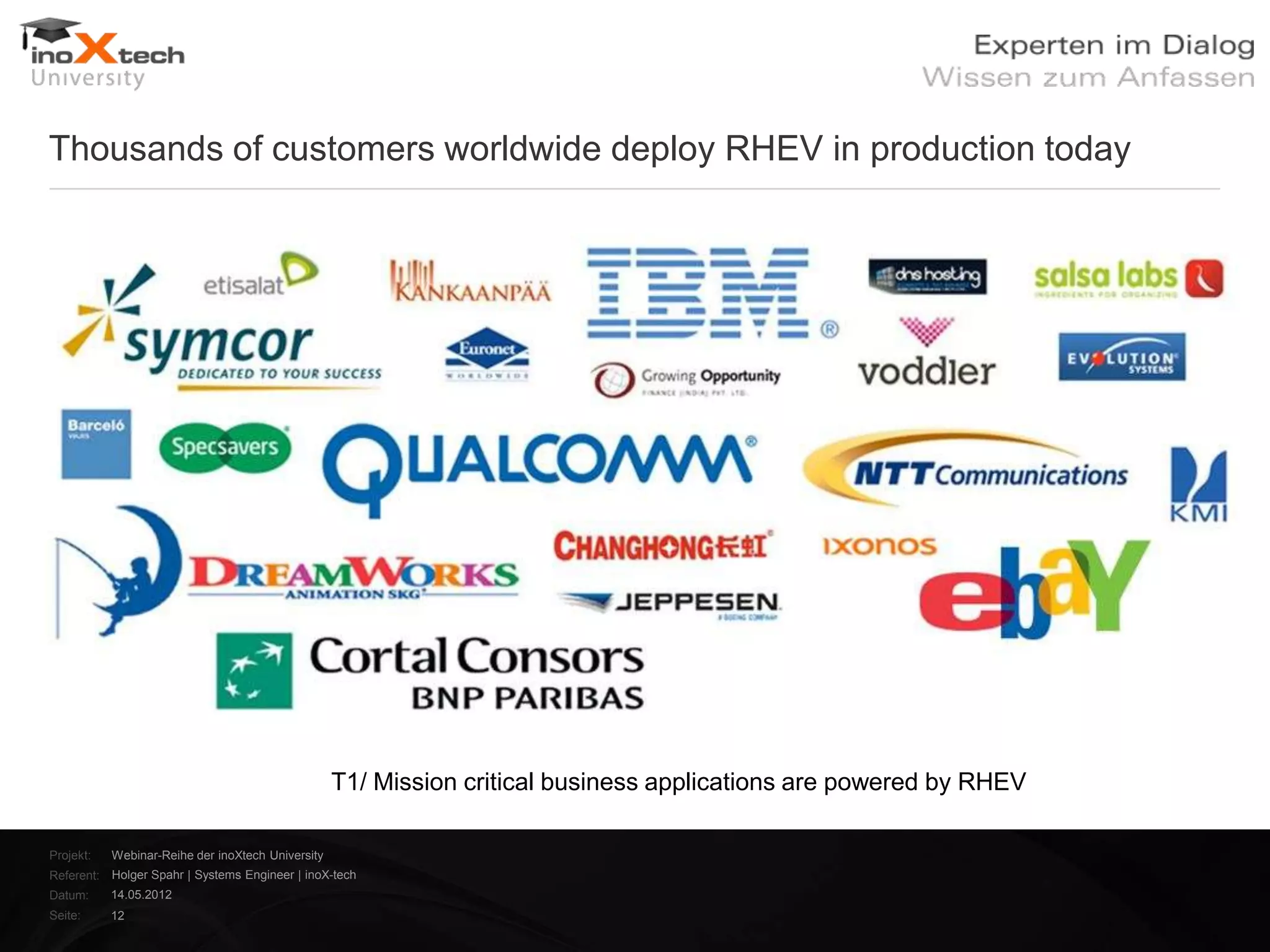Thousands of customers worldwide deploy RHEV in production today




                                                   T1/ Mission critical business applications are powered by RHEV

Projekt:   Webinar-Reihe der inoXtech University
Referent: Holger Spahr | Systems Engineer | inoX-tech
Datum:     14.05.2012
Seite:     12
 