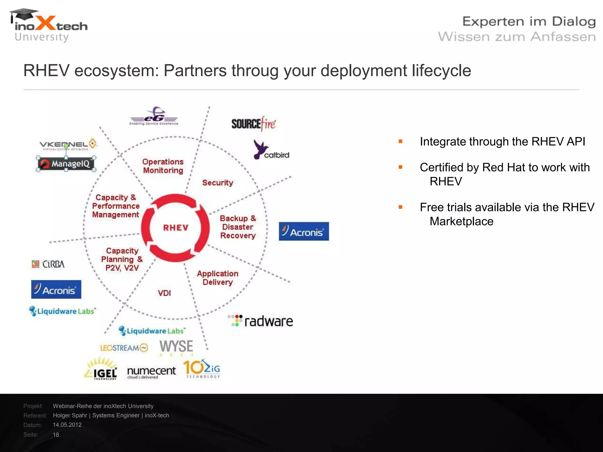 RHEV ecosystem: Partners throug your deployment lifecycle



                                                           Integrate through the RHEV API

                                                           Certified by Red Hat to work with
                                                             RHEV

                                                           Free trials available via the RHEV
                                                              Marketplace




Projekt:   Webinar-Reihe der inoXtech University
Referent: Holger Spahr | Systems Engineer | inoX-tech
Datum:     14.05.2012
Seite:     18
 