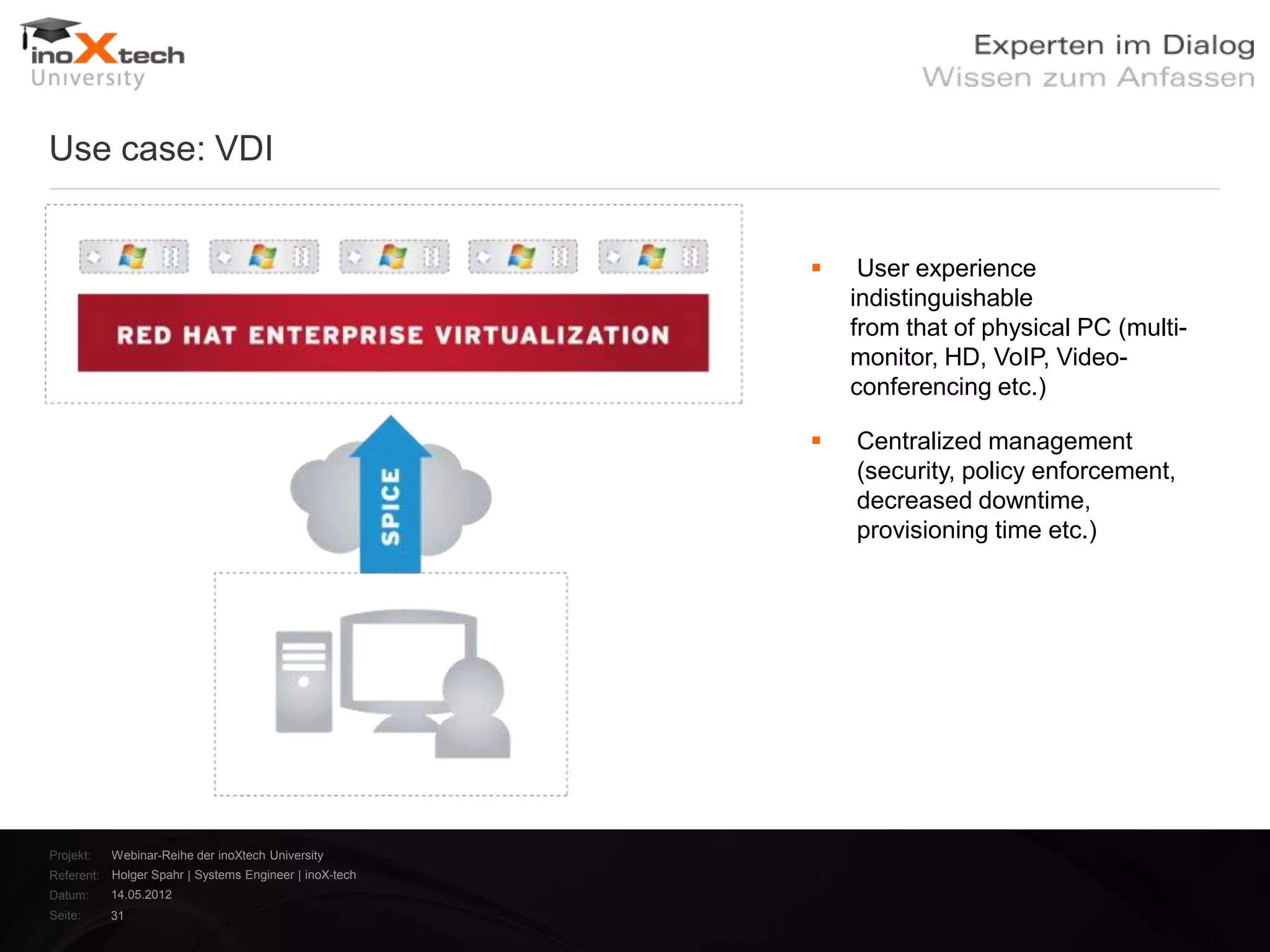 Use case: VDI


                                                            User experience
                                                            indistinguishable
                                                            from that of physical PC (multi-
                                                            monitor, HD, VoIP, Video-
                                                            conferencing etc.)

                                                           Centralized management
                                                            (security, policy enforcement,
                                                            decreased downtime,
                                                            provisioning time etc.)




Projekt:   Webinar-Reihe der inoXtech University
Referent: Holger Spahr | Systems Engineer | inoX-tech
Datum:     14.05.2012
Seite:     31
 
