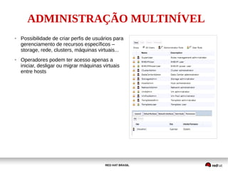 RED HAT BRASIL
● Possibilidade de criar perfis de usuários para
gerenciamento de recursos específicos –
storage, rede, clusters, máquinas virtuais...
● Operadores podem ter acesso apenas a
iniciar, desligar ou migrar máquinas virtuais
entre hosts
ADMINISTRAÇÃO MULTINÍVEL
 